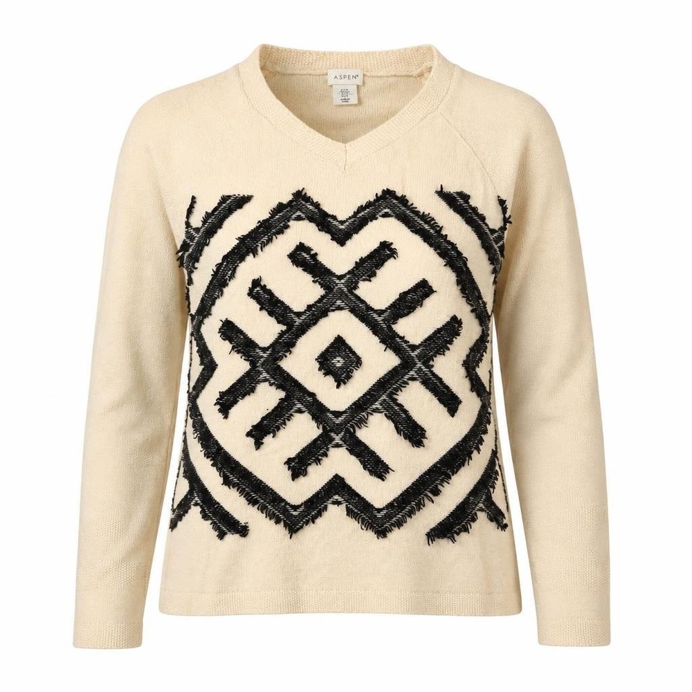 Aspen Sweater Womens M Ivory Black Merino Wool Cashmere Geometric V Neck Luxury